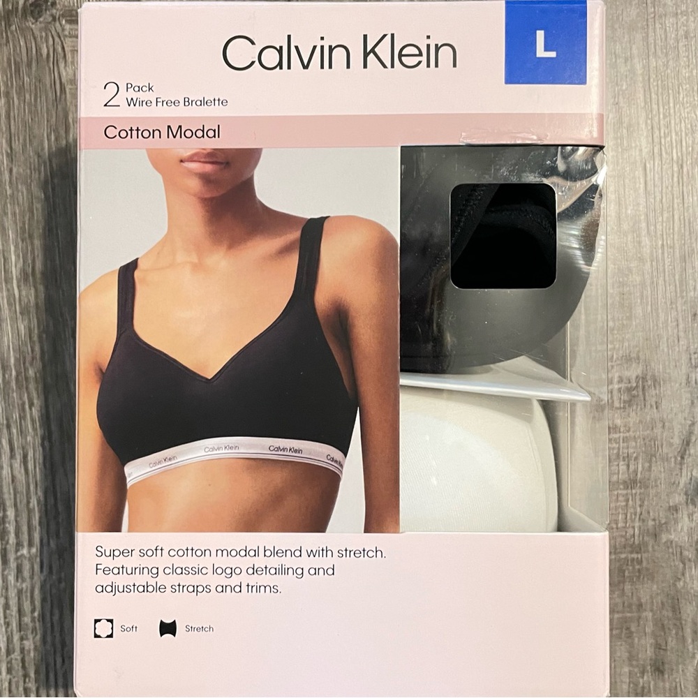 Calvin Klein Bra LARGE 2 Pack Wireless Modal Cotton ~ Black & White NEW